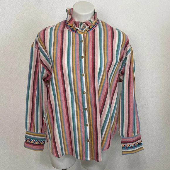Xirena Pink Sunrise Banded Neck Long Sleeve Ruffle Striped Jensen Shirt Size S - Picture 4 of 12